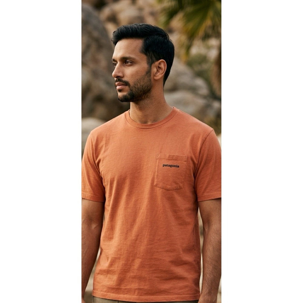 Patagonia P-6 Logo Responsibili-Tee Mens Small Orange Pocket T-Shirt Regular Fit